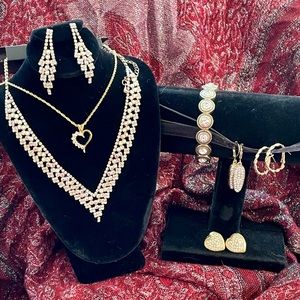 Gold Tone Rhinestone Jewelry Bundle, Lot of 2 Necklaces, 3 Earrings, 1 Bracelet